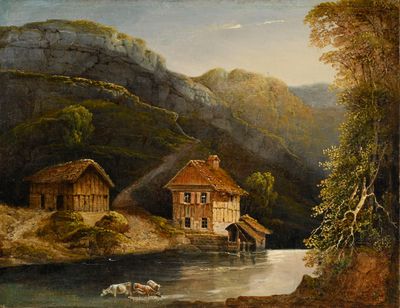un tableau représentant une maison au bord d'une rivière, avec une montagne en arrière-plan