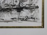 a black and white drawing of boats on the water