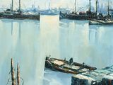 une peinture d'un port avec des bateaux dans l'eau