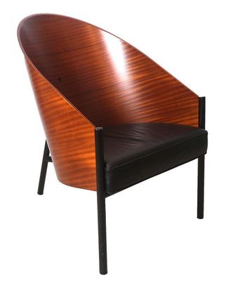 an image of a wooden chair with a black leather seat