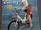 une affiche représentant une femme à vélo avec un panier à l'arrière