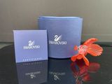 un petit poisson rouge posé sur une table, à côté d'une boîte de Swarovski