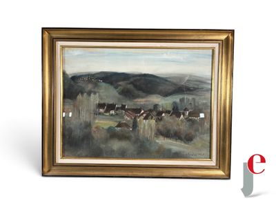 une peinture à l'huile représentant un paysage avec des collines et des maisons