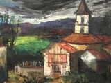 une peinture à l'huile représentant une église avec un clocher au sommet d'une colline