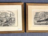 deux reproductions encadrées représentant un navire et un bateau sur un fond bleu