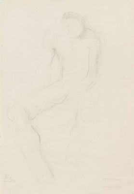 un dessin représentant un homme assis sur une chaise, les jambes croisées