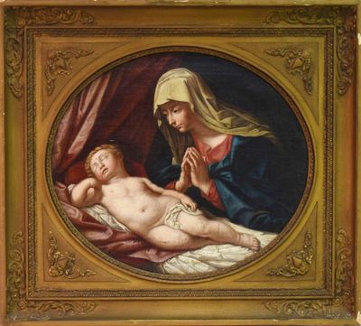 une image d'une peinture représentant une femme tenant un bébé sur ses genoux