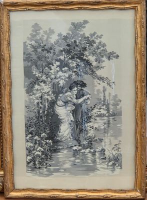 an old picture of a woman and child in a wooded setting