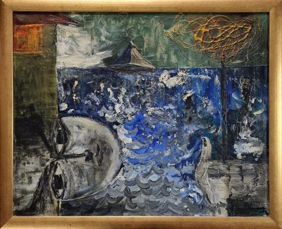 a painting of a man riding a horse in the water