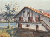 a painting of a house on a hill by the water