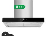 a close up of a kitchen hood with a green sign above it