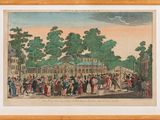 a painting of a group of people standing in front of a building