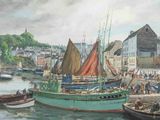 a painting of a harbor with boats and people on the water