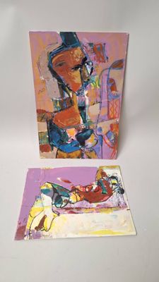 two paintings of a man on a motorcycle and a woman on a motorcycle