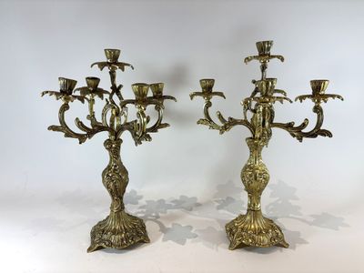 pair of antique brass candelabs with birds and flowers