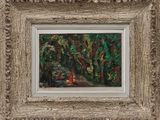 an image of a painting of a red fire hydrant in a forest