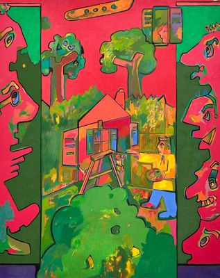 painting of a man standing in front of a painting of a house