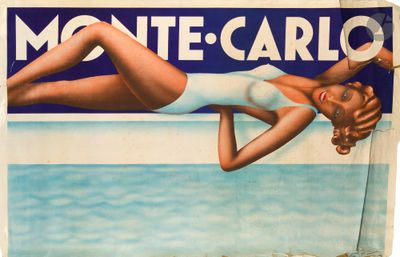 a poster of a woman in a bathing suit laying on the beach