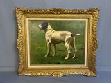 an oil painting of a dog standing in a field of grass