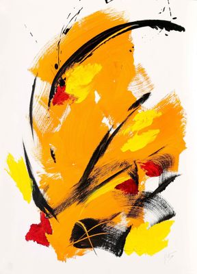 une image représentant une peinture composée de peinture jaune et noire sur fond blanc