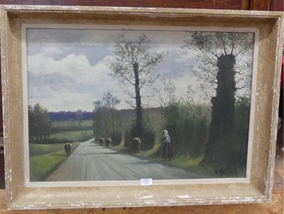 a picture of a painting of a man walking down a country road