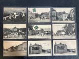 several old black and white photographs of a town with horses and carriages