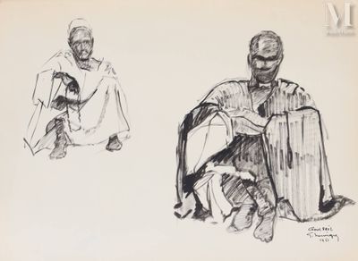 croquis représentant un homme et une femme assis par terre