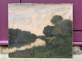 a picture of a painting on the ground by a purple wall
