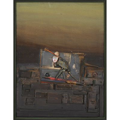 painting of a man sitting on top of a suitcase with a gun
