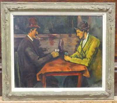 painting of two men sitting at a table with a glass of wine in front of them