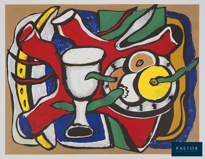une photo d'un tableau représentant un vase et une assiette de nourriture posés sur une table
