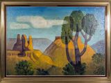 an oil painting of a mountain scene with trees and a castle in the distance