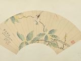 un tableau représentant un oiseau perché sur une branche d'arbre, tenant un éventail