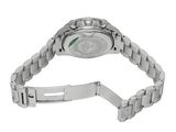 a close up of a watch on a metal bracelet on a white background