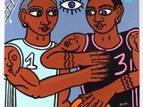 an image of a painting of two men holding a basketball ball