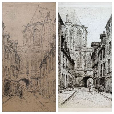 croquis d'une rue avec, en arrière-plan, des bâtiments et une tour horloge