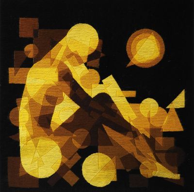 painting of a man sitting on a bench with a ball in his hand