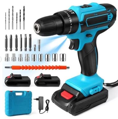 a blue cordless drillet with tools on a white background