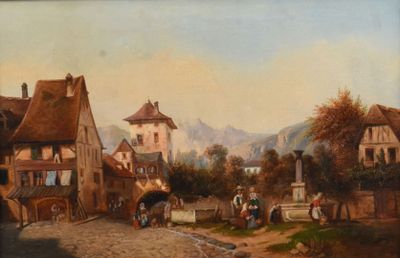 un tableau représentant une ville avec une calèche dans la rue