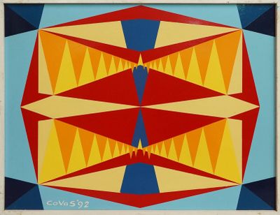 peinture représentant un motif géométrique rouge, jaune et bleu sur fond bleu