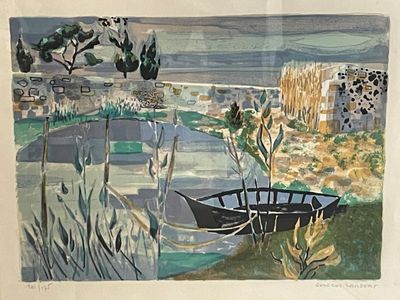 a picture of a painting of a boat on the water