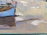 a painting of a boat on the water with a sky background