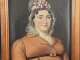 a painting of a woman in a brown dress and a pink hat