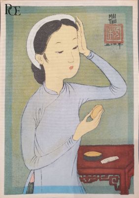 tableau représentant une femme en robe bleue tenant une assiette de nourriture