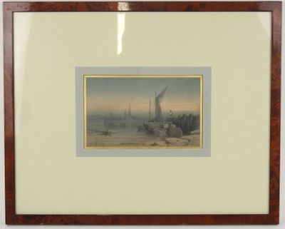 tableau encadré représentant des bateaux sur l'eau dans un port