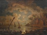 an oil painting of a boat in a body of water with a castle in the background