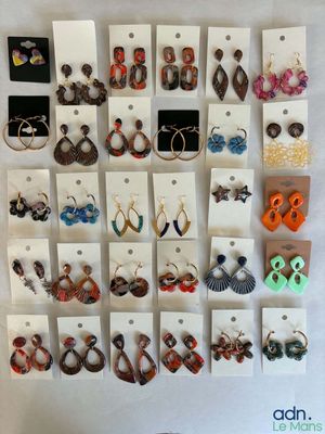 a close up of a bunch of earrings on display on a wall