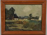 an oil painting of a farm scene with a barn in the background