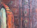 an oil painting of a chair in a room next to a dresser