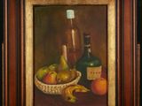 a painting of a still life with fruit and a bottle of wine